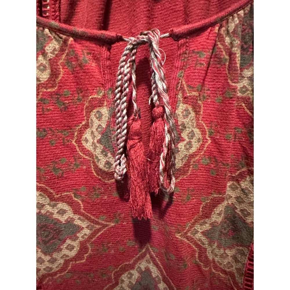 Lucky Brand Paceasant Top Women 1X Burgundy Medallion Print Tassel Lace Blouse - Picture 4 of 14